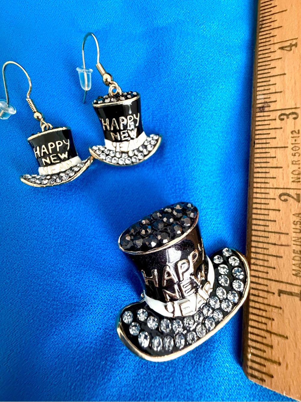 Happy New Year Black Top Hat Brooch and Earring Set